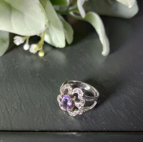 Amethyst Cocktail Ring Sterling Silver Heart Cluster CZ Floral Wedding Ring SZ 6